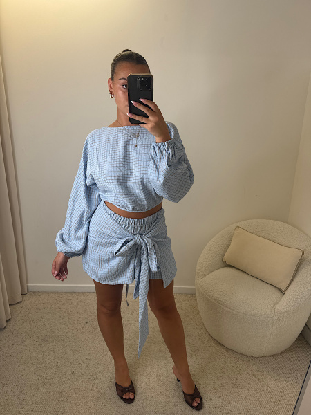 Jupe short à carreaux ciel