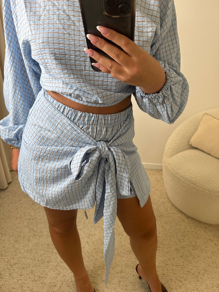 Jupe short à carreaux ciel